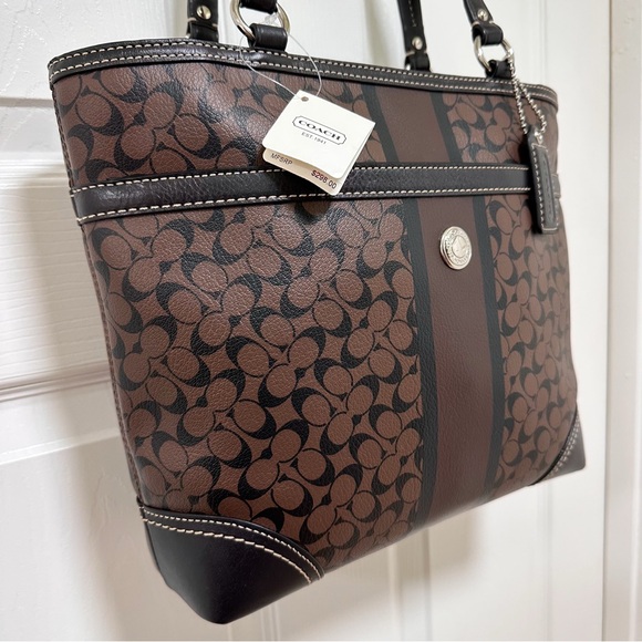 Coach Chelsea Heritage Stripe Signature Coated Canvas Leather Tote Vintage NWT - Picture 3 of 15